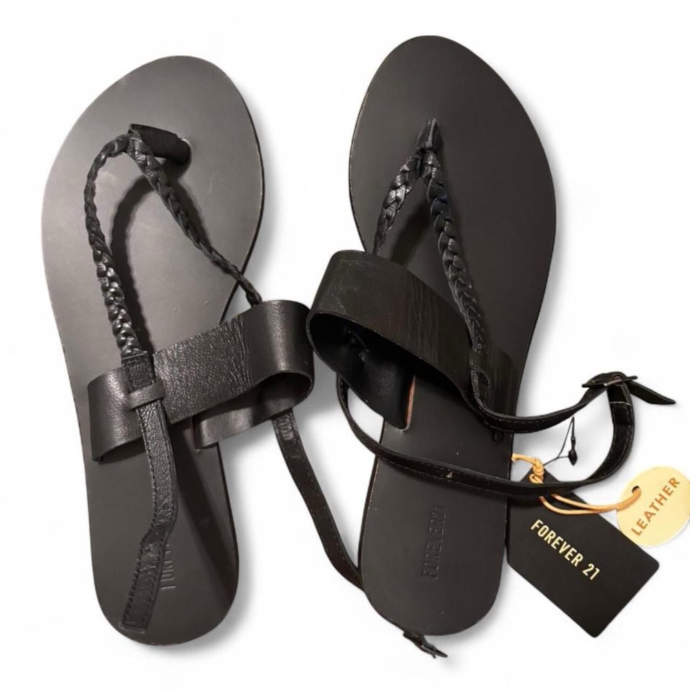Forever 21 Black Braided Leather Thong Sandals